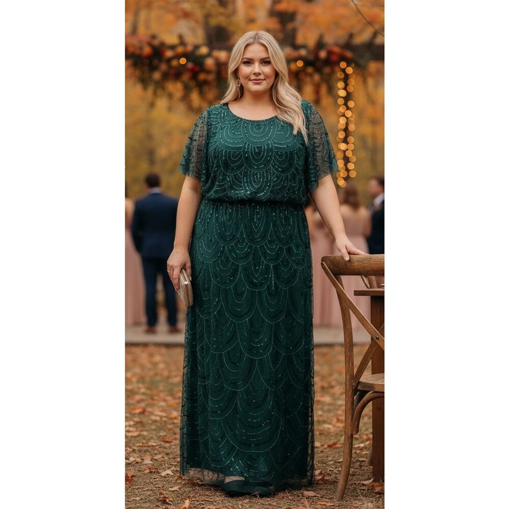 NWT Adrianna Papell Dress Green Mother of the Bride Gown Sequin Beaded Art Deco - Picture 2 of 14